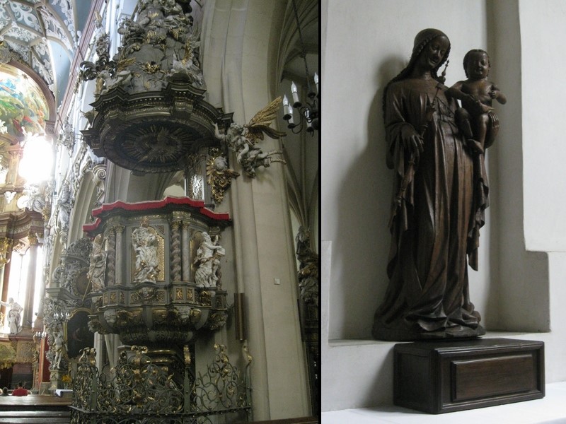 Barokowa ambona oraz gotycka rzeźba Madonny z czyżykiem w kaplicy św.Jakuba