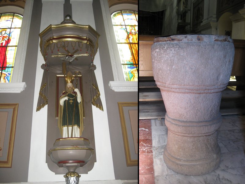 rzeźba św.Wojciecha i kamienna chrzcielnica z XVI w.