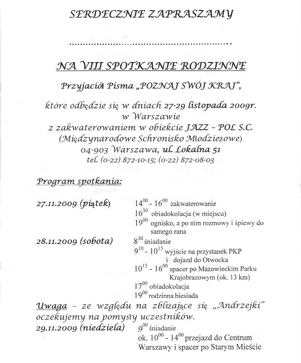 Krajoznawcze Spotkania Rodzinne - Program Spotkania VIII