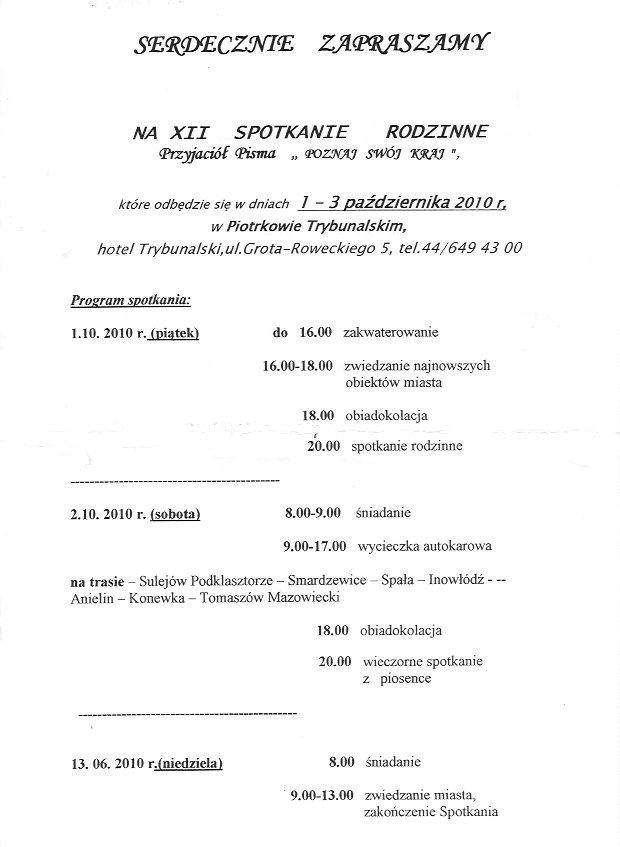 Krajoznawcze Spotkania Rodzinne - Program Spotkania XII