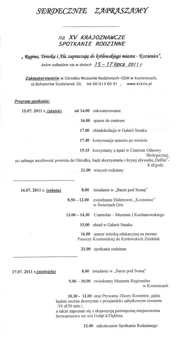 Krajoznawcze Spotkania Rodzinne - Program Spotkania XV Krajoznawcze Spotkania Rodzinne - Program Spotkania XV