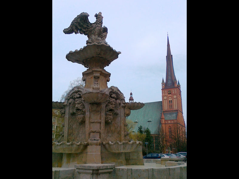 Plac Orła Białego z zabytkową fontanną i Bazyliką Mniejszą  pw. Św. Jakuba