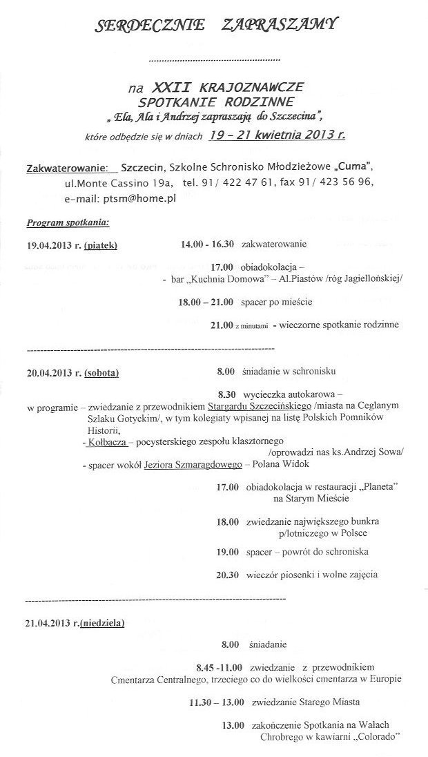 Krajoznawcze Spotkania Rodzinne - Program Spotkania XXII Krajoznawcze Spotkania Rodzinne - Program Spotkania XXII