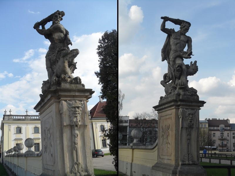 Rzeźby przedstawiają dwa czyny mitycznego Herkulesa - zabicie maczugą smoka oraz hydry