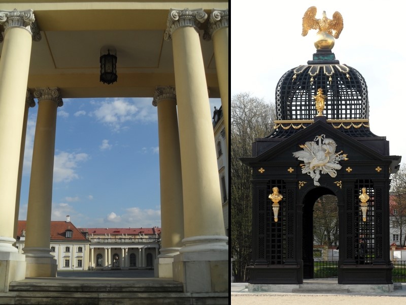 Od głównego budynku odchodzą dwa boczne, widok poprzez kolumnadę. Ogród Branickich, Pawilon pod Orłem zrekonstruowany w 2011 r