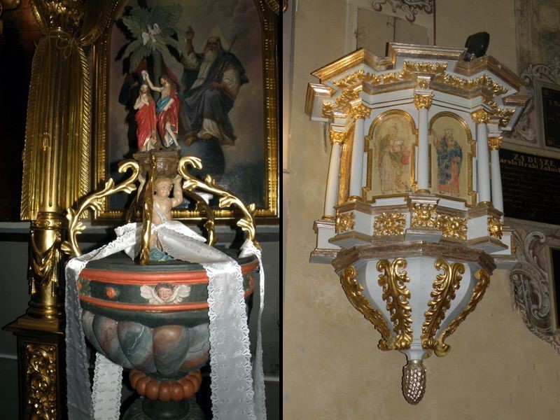 Drewniana chrzcielnica w formie kielicha - 1700 r. oraz ambona, dzieło Józefa Aszklara