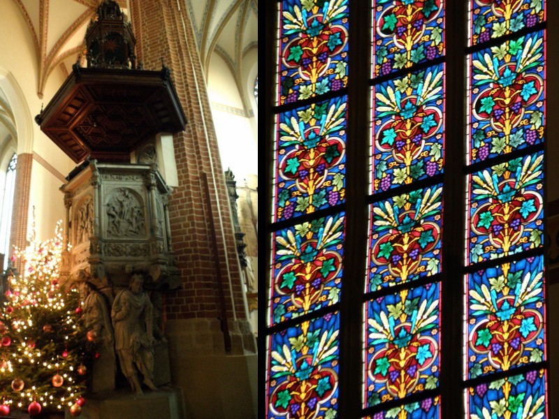 Z okresu reformacji pochodzi ambona wykonana z białego piaskowca. Jeden z wielu katedralnych witraży