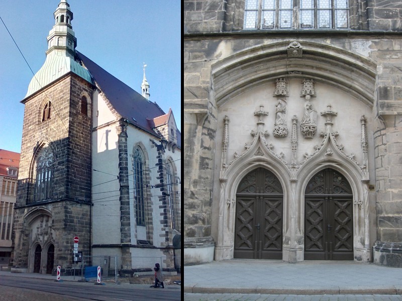 Znajdujący sie nieopodal ewangelicki KOŚCIÓŁ pw.MARII PANNY (Frauenkirche) w średniowieczu pozostawał poza murami miasta