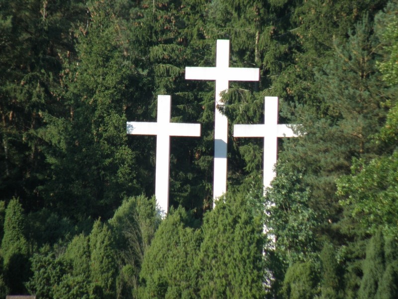 Krzyże otoczone jałowcami, jego boczne ramiona  symbolizują ręce rozstrzeliwanego człowieka